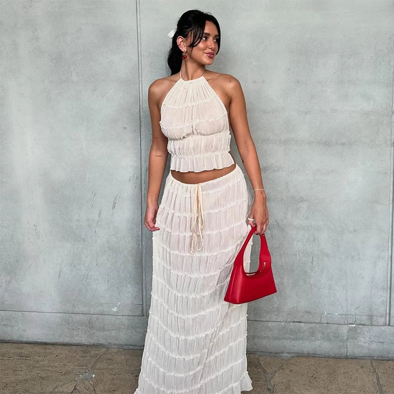 Backless Top Lace Up Fold Maxi Skirt 2 Piece Set