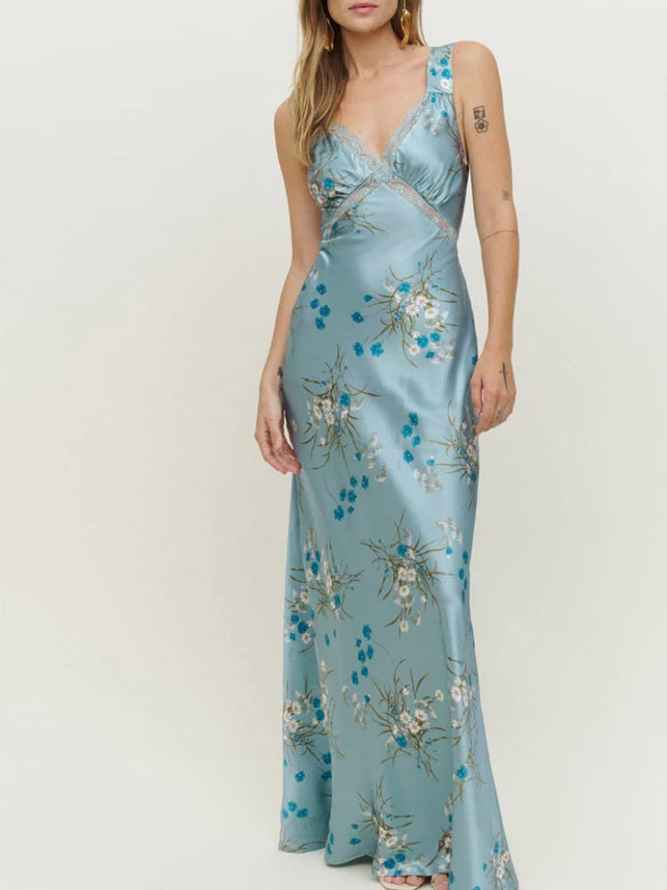 Elegant Floral Satin Maxi Dress - Light Blue