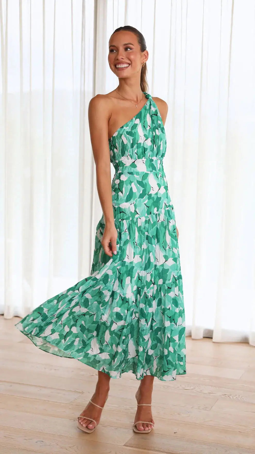 One Shoulder Tiered Midi Dress