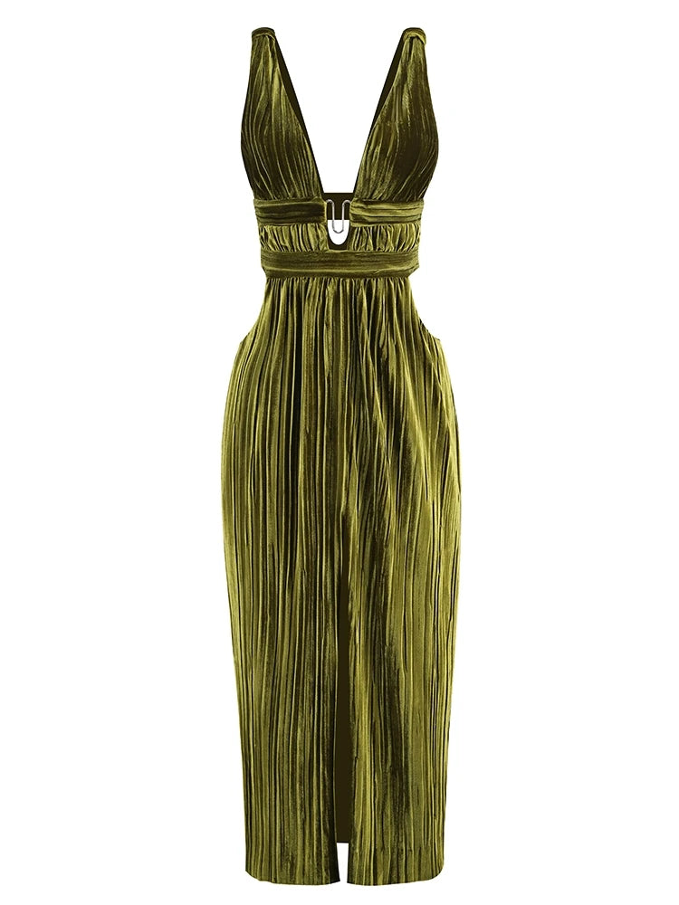 Green V-neck Sleeveless Pleated Backless Maxi Evening Dress