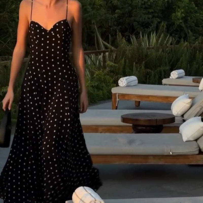 Retro Elegance: Black and White Polka Dot Spaghetti Strap Maxi Dress