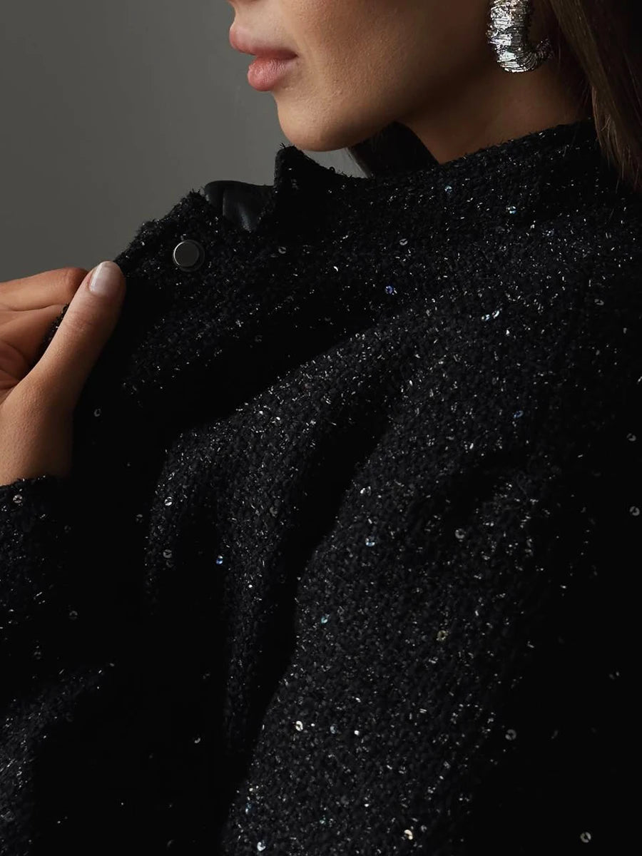 Glamorous Black Tweed Jacket with Sequin Detailing