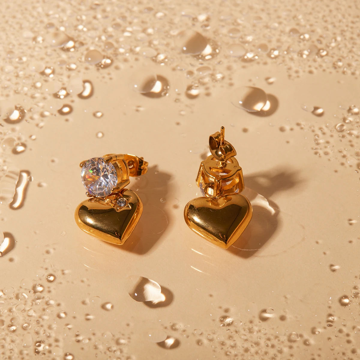 Gold Heart Drop Earrings with Crystal Stud