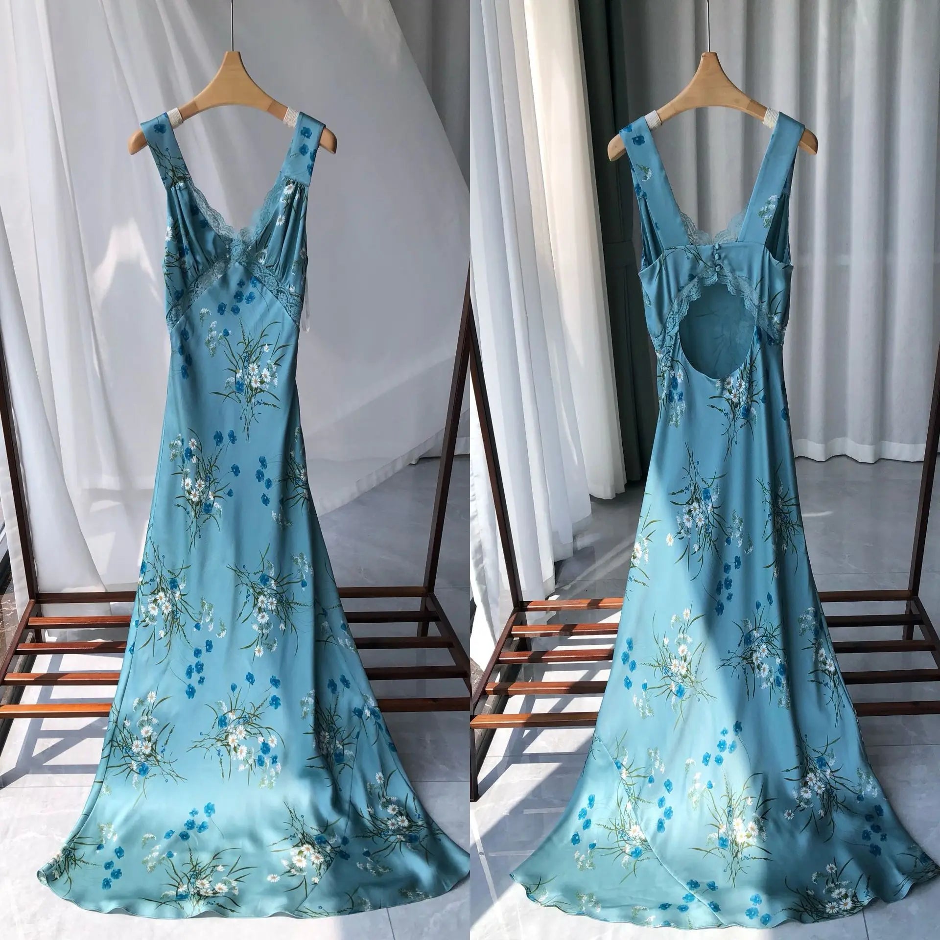 Elegant Floral Satin Maxi Dress - Light Blue